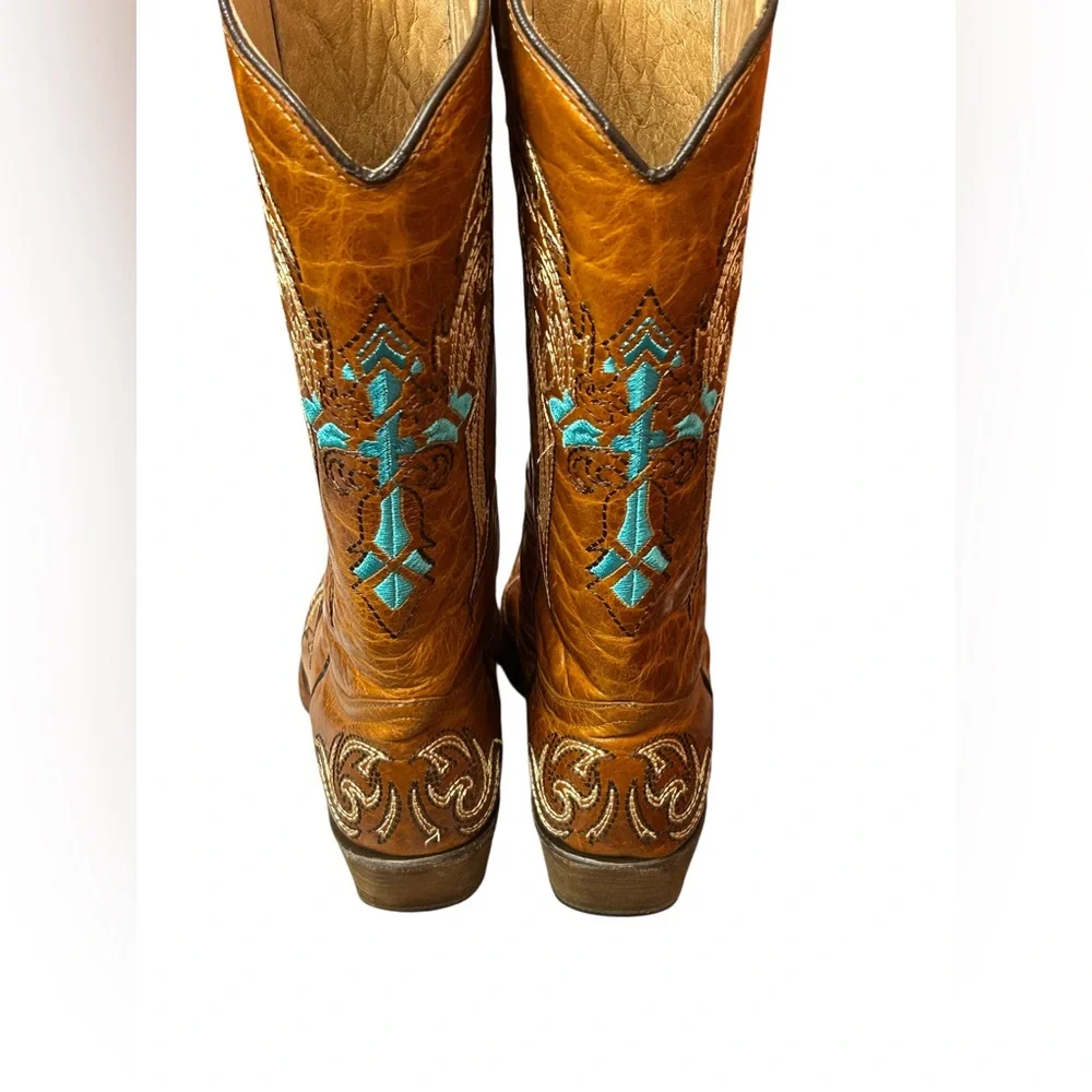 Circle G by Corral Cognac & Turquoise-Beige Wing & Cross Boots Size 10 - Picture 4 of 11
